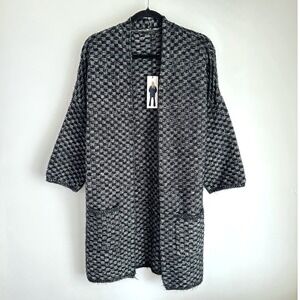 NWT MAX SPORT Black Checker Open Front Long Knit Cardigan Duster Sweater Coat M